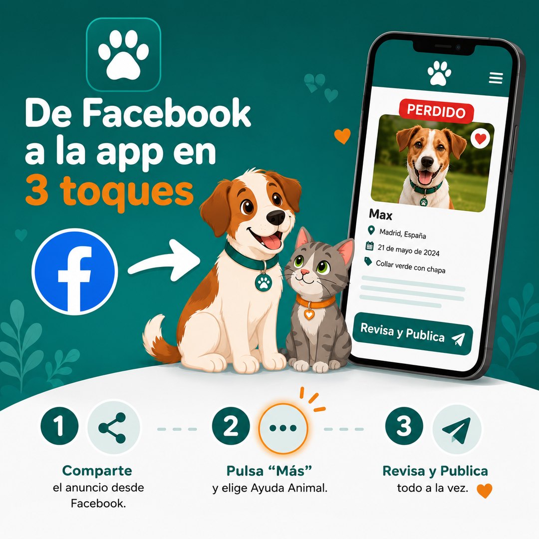De Facebook a la app en 3 toques: 1 comparte el anuncio desde Facebook, 2 pulsa Más y elige Ayuda Animal, 3 revisa y publica todo a la vez