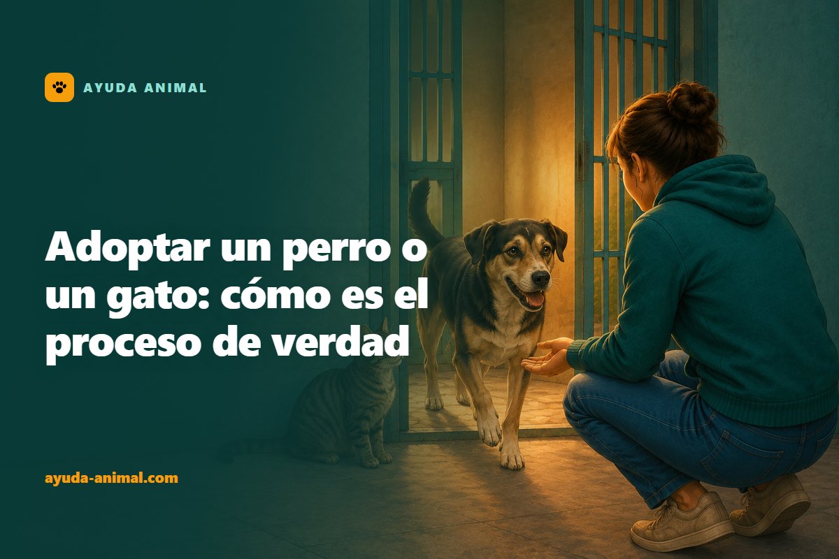 Una persona agachada tendiendo la mano abierta a un perro mestizo que sale de su box en una protectora por la puerta abierta, mientras un gato atigrado observa tumbado en una balda de arriba