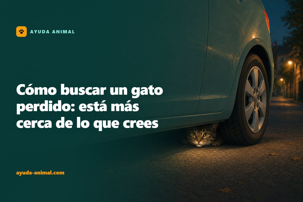 Un gato atigrado agazapado e inmóvil en el hueco oscuro bajo un coche aparcado de noche, asomando solo la cara junto a la rueda trasera