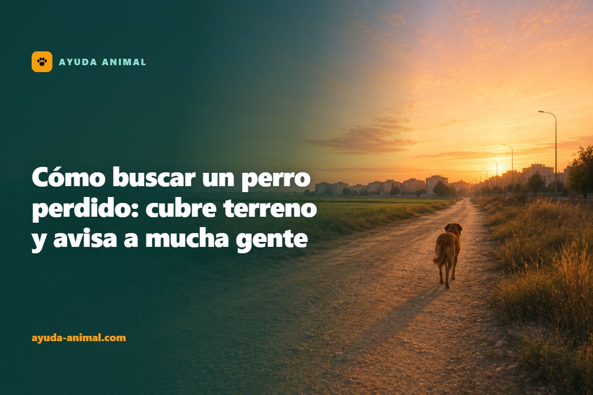 Un perro marrón trotando solo por un camino ancho en las afueras de un pueblo al amanecer, pequeño frente a un paisaje amplio y vacío