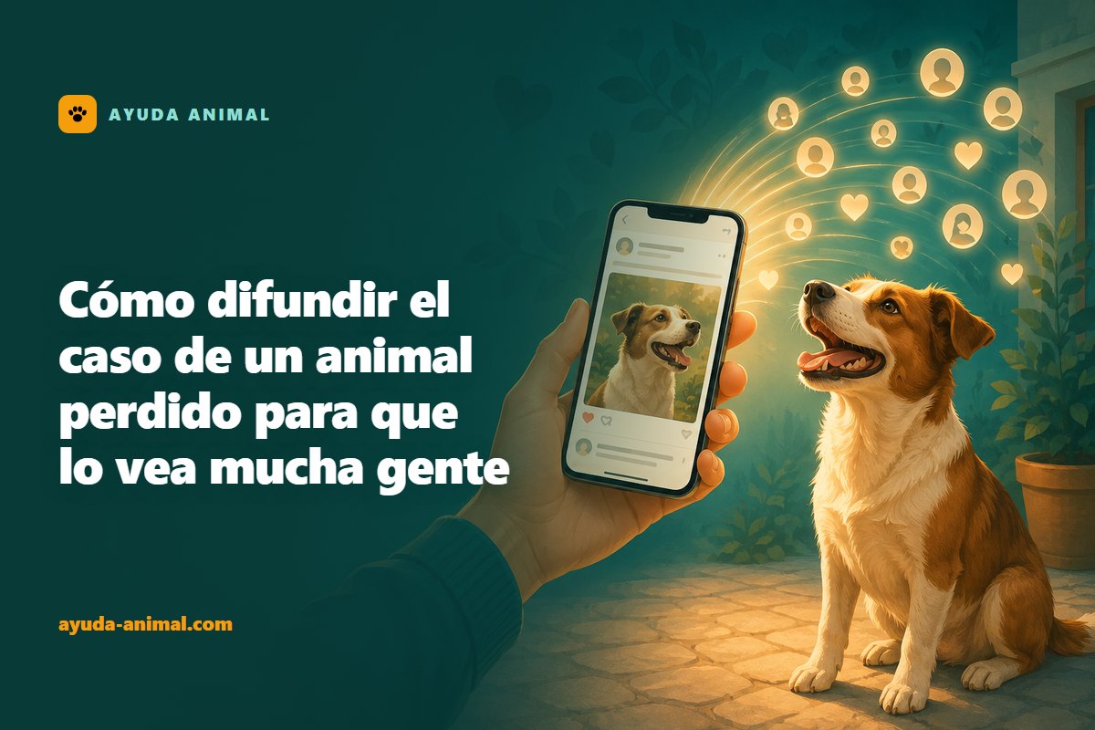 Una mano sosteniendo un móvil con la publicación de un perro perdido, del que sale un arco de luz con iconos de personas, mientras un perro marrón y blanco mira desde al lado