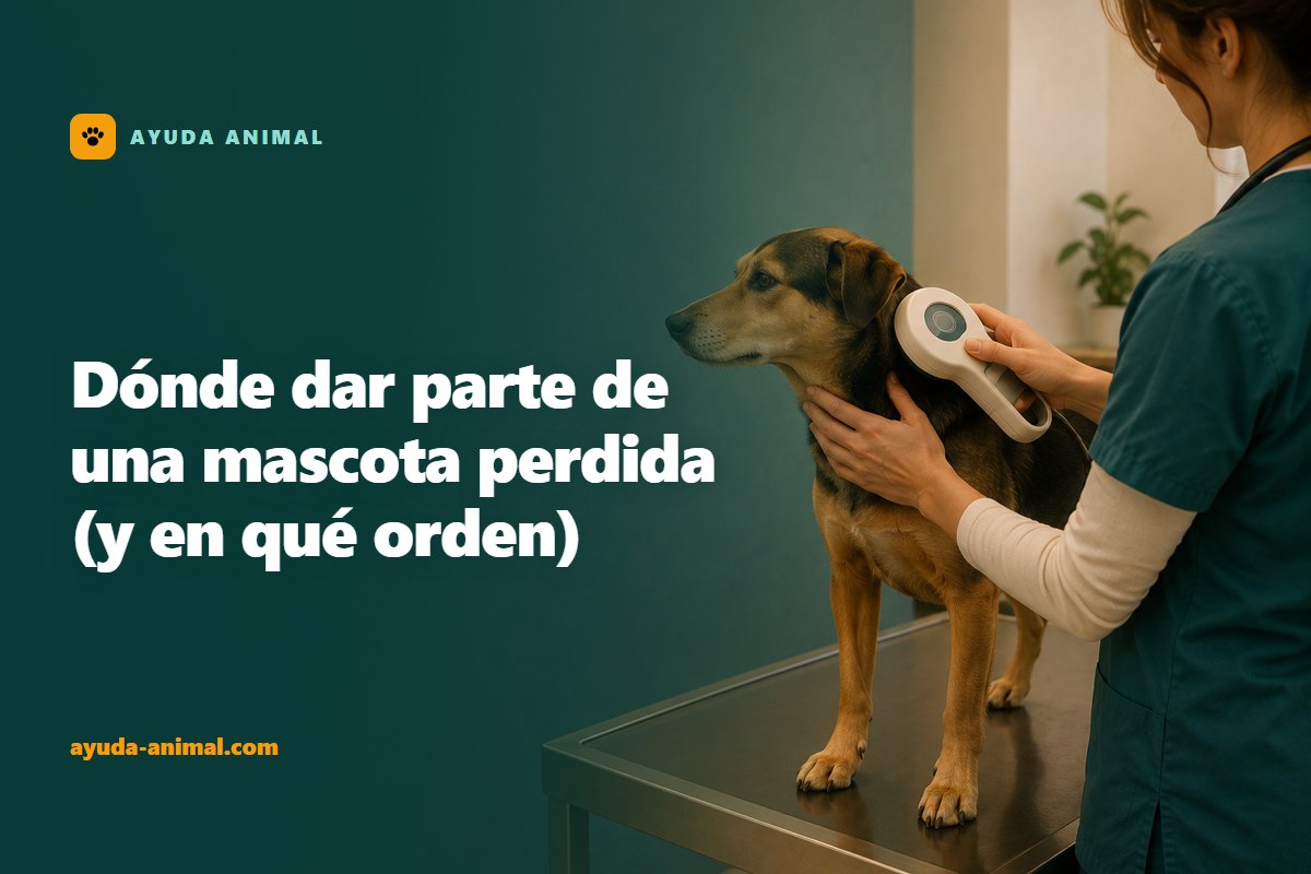 Una veterinaria pasando un lector de microchip por el cuello de un perro tranquilo que está de pie sobre la mesa de exploración de una clínica