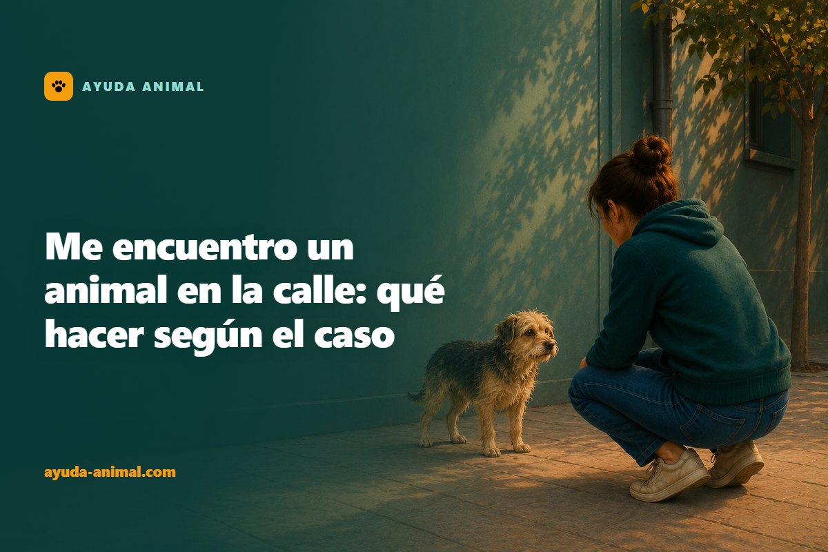 Una persona agachada en la acera, a cierta distancia, mirando con calma a un perro pequeño y desaliñado que está de pie frente a ella, sin intentar cogerlo ni perseguirlo