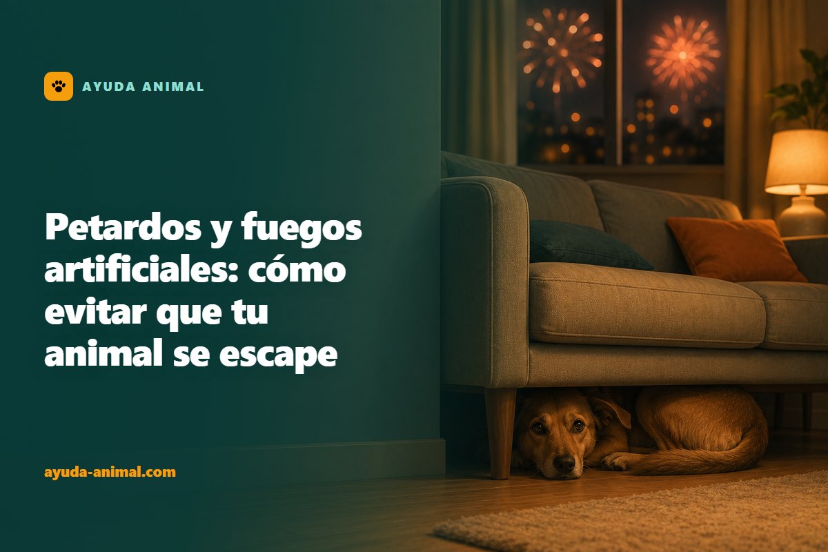 Un perro escondido y encogido bajo un sofá en un salón en penumbra, con las orejas hacia atrás, mientras por la ventana se ven fuegos artificiales lejanos